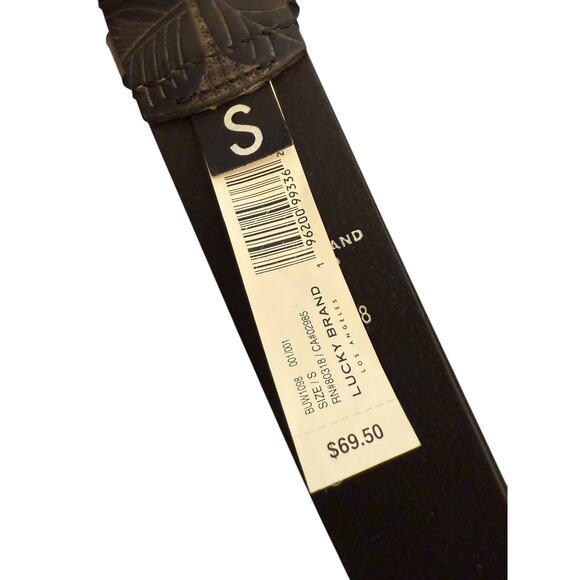 Lucky Brand Black Brown Tooled Embossed Leather Belt Brass Buckle Boho S NEW - Picture 2 of 9